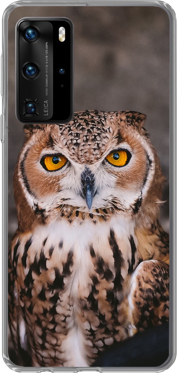 Telefoonhoesje Geschikt voor Huawei P40 Pro hoesje - Bruine uil kijkt recht in de camera - Siliconen Telefoonhoesje Telefoonhoesje