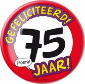 button Gefeliciteerd! 75 jaar! 10 cm staal rood/wit