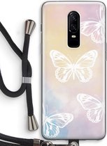 Case Company® - OnePlus 6 hoesje met Koord - White butterfly - Telefoonhoesje met Zwart Koord - Bescherming aan alle Kanten en Over de Schermrand