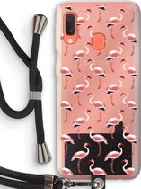 Case Company® - Samsung Galaxy A20e hoesje met Koord - Flamingo - Telefoonhoesje met Zwart Koord - Bescherming aan alle Kanten en Over de Schermrand