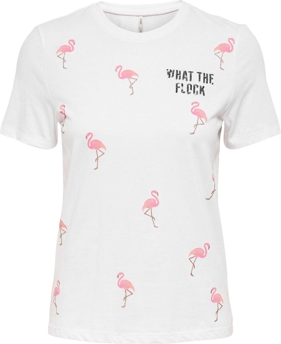Only T-shirt Onlkita Reg S/s Flamingle Top Box J 15259855 Bright White  Dames Maat - M | bol.com