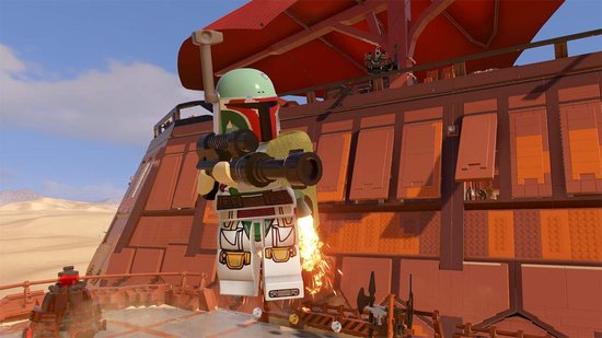Boba Fett als Lego-figuur die op een schip staat, met een woestijnlandschap op de achtergrond.