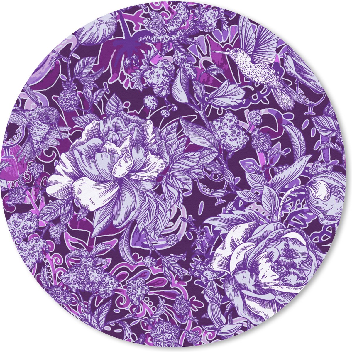 Muismat rond 30x30 cm - Mousepad Kolibrie - Rozen - Paars - Ronde muismatten