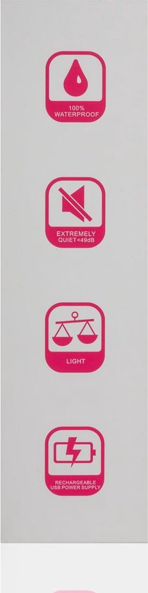 Pictogrammen: 100% waterdicht, extreem stil <49dB, licht, oplaadbare USB-voeding.