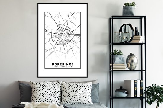 Fotolijst incl. Poster Zwart Wit- België – Poperinge – Stadskaart – Kaart – Zwart Wit – Plattegrond - 80x120 cm - Posterlijst