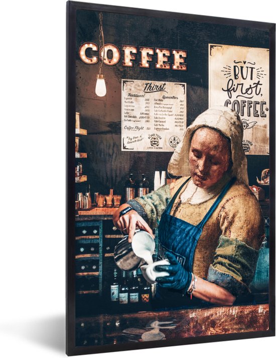 Fotolijst incl. Poster - Koffie - Melkmeisje - Barista - Vermeer - Kunst - Cappuccino - But first coffee - 40x60 cm - Posterlijst