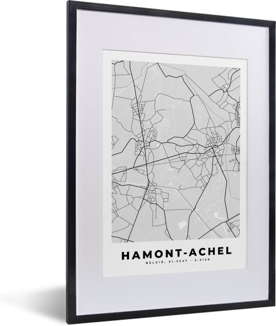 Fotolijst incl. Poster Zwart Wit- België – Hamont Achel – Stadskaart – Kaart – Zwart Wit – Plattegrond - 30x40 cm - Posterlijst