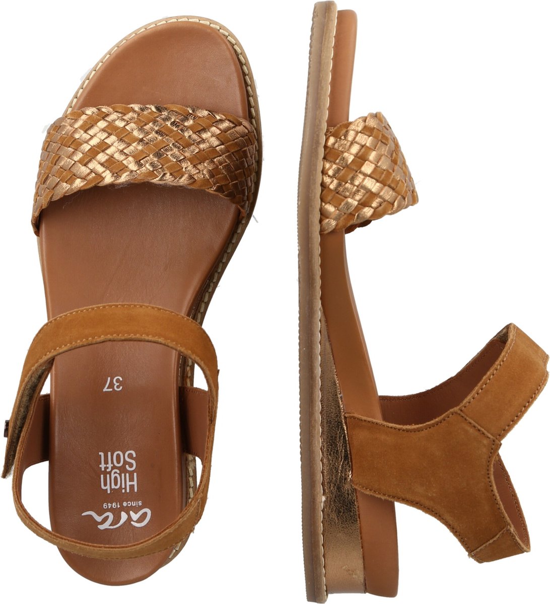 Ara Cognac Lederen Geklede Dames Sandaal Met Sleehak