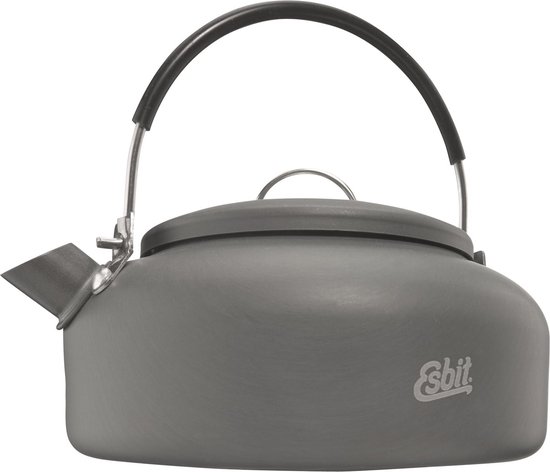 Grijze Esbit waterketel met zwart handvat en het Esbit logo op de voorkant.