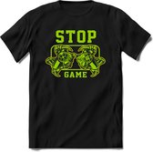 Stop and game | Gaming kado T-Shirt heren - dames | Groen-Geel | Perfect game pc cadeau shirt | Grappige console spreuken - zinnen - teksten Maat 3XL