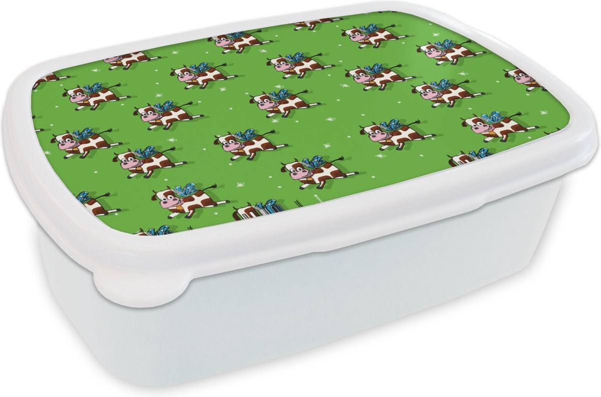 Broodtrommel Wit - Lunchbox - Brooddoos - Koe - Vleugels - Patronen - Kind - 18x12x6 cm - Volwassenen