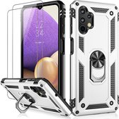 Casemania Hoesje Geschikt voor Samsung Galaxy A13 4G & A13 5G Grijs & 2X Glazen Screenprotector - Anti-Shock Hybrid Armor met Kickstand Ring