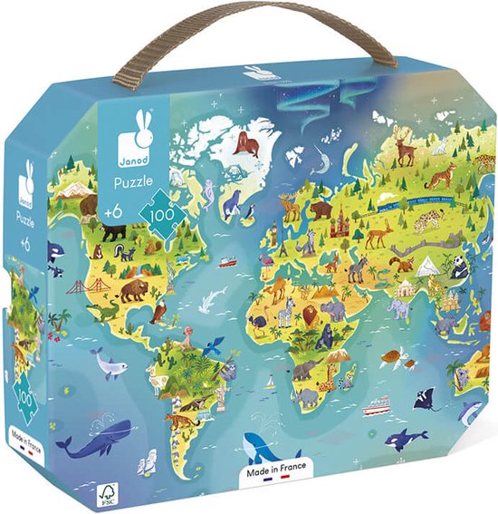 Janod - Puzzel De Wereld - In Puzzelkoffer cadeau voor een kind van 6 jaar