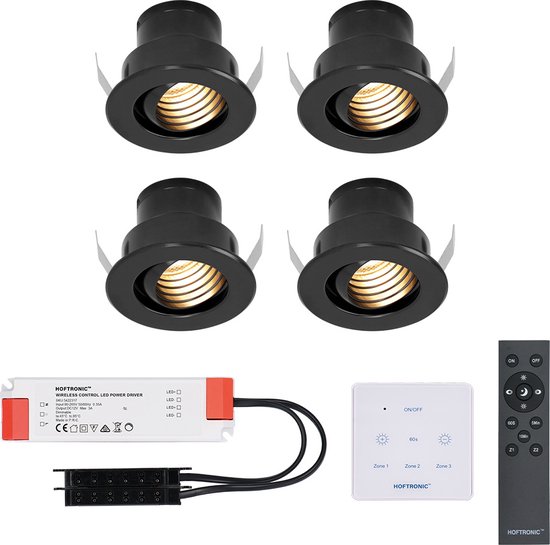 Set van 4 Medina - Mini LED Inbouwspot - 12V 3W - Zwart - Dimbaar - Kantelbaar & verzonken - Verandaverlichting - Incl. Muurdimmer - IP44 voor buiten - 2700K - Warm wit