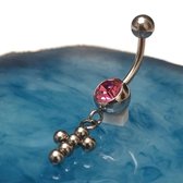 Chirurgisch stalen navelpiercing met hanger kruisje bolletjes roze zirkonia zilverkleurig