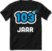 103 Jaar Feest kado T-Shirt Heren / Dames - Perfect Verjaardag Cadeau Shirt - Wit / Blauw - Maat M