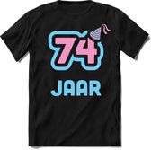 74 Jaar Feest kado T-Shirt Heren / Dames - Perfect Verjaardag Cadeau Shirt - Licht Blauw / Licht Roze - Maat XL