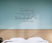 Stickerheld - Muursticker "Wake up every morning that something wonderful is going to happen" Quote - Slaapkamer - Hartjes - Engelse Teksten - Mat Donkergrijs - 55x88.2cm