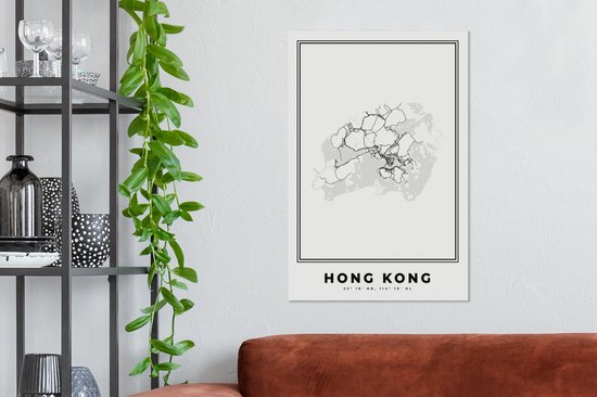 Tableau Peinture Hong Kong - Plan de Ville - Zwart Wit - 60x90 cm - Décoration murale