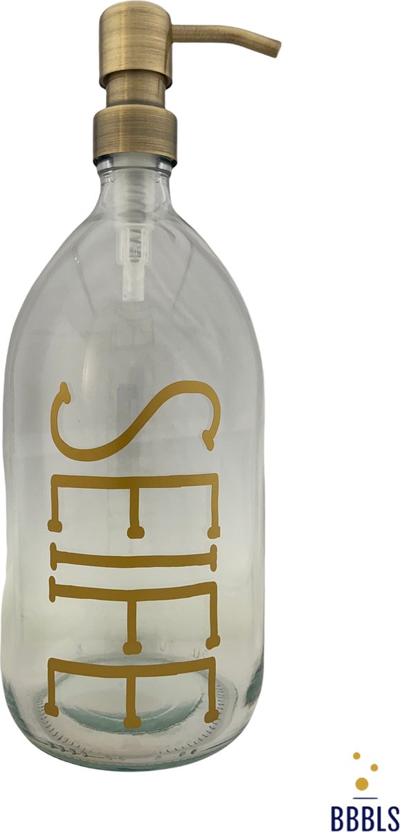 BBBLS® Design Dispenser "Seife" | Transparant Glas | 1 liter | RVS / Metaal Pomp Goud | Zeeppomp | Zeepdispenser | Zeephouder