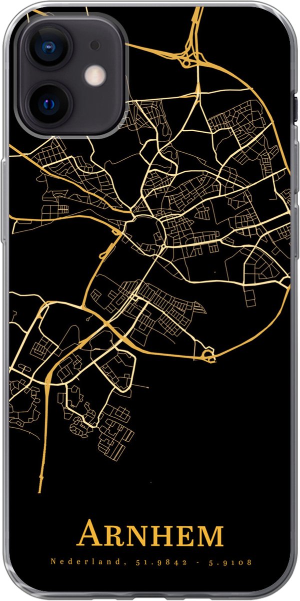 Telefoonhoesje Geschikt voor iPhone 12 mini hoesje - Arnhem - Kaart - Goud - Zwart - Siliconen Telefoonhoesje Telefoonhoesje