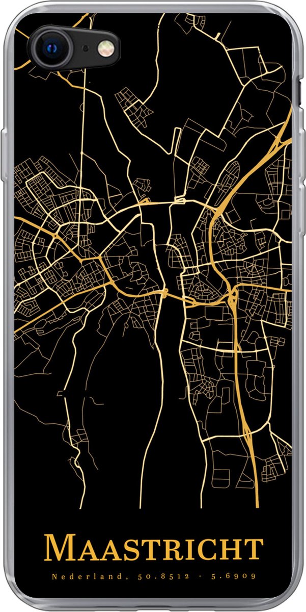 Telefoonhoesje Geschikt voor iPhone SE 2020 hoesje - Maastricht - Kaart - Goud - Zwart - Siliconen Telefoonhoesje Telefoonhoesje