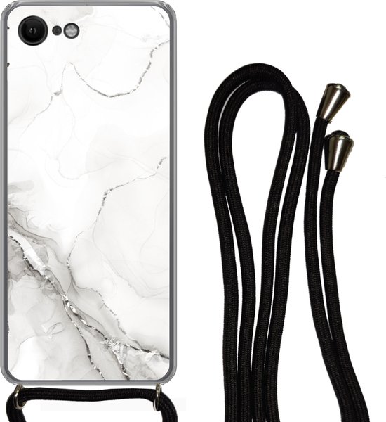 Cordon de téléphone - Chaîne de téléphone - Étui de téléphone Convient pour iPhone SE 2020 - Imprimé marbre - Wit - Motifs - Siliconen - Bandoulière - Étui de téléphone avec cordon