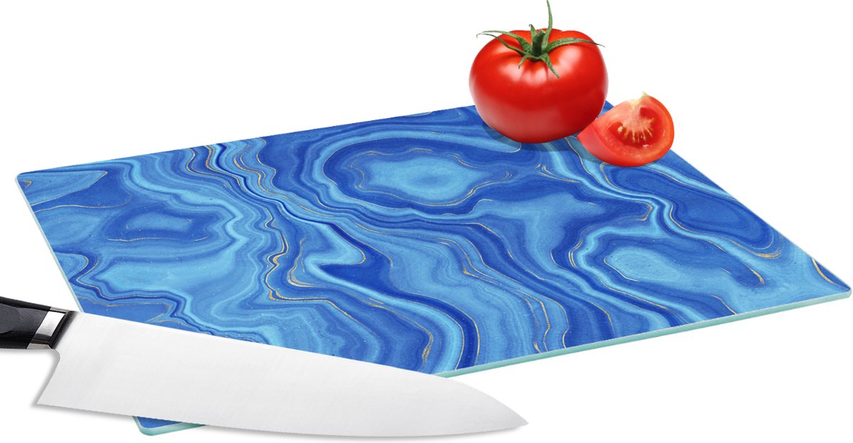 Glazen Snijplank - 28x20 - Marmer - Blauw - Lijn - Snijplanken Glas