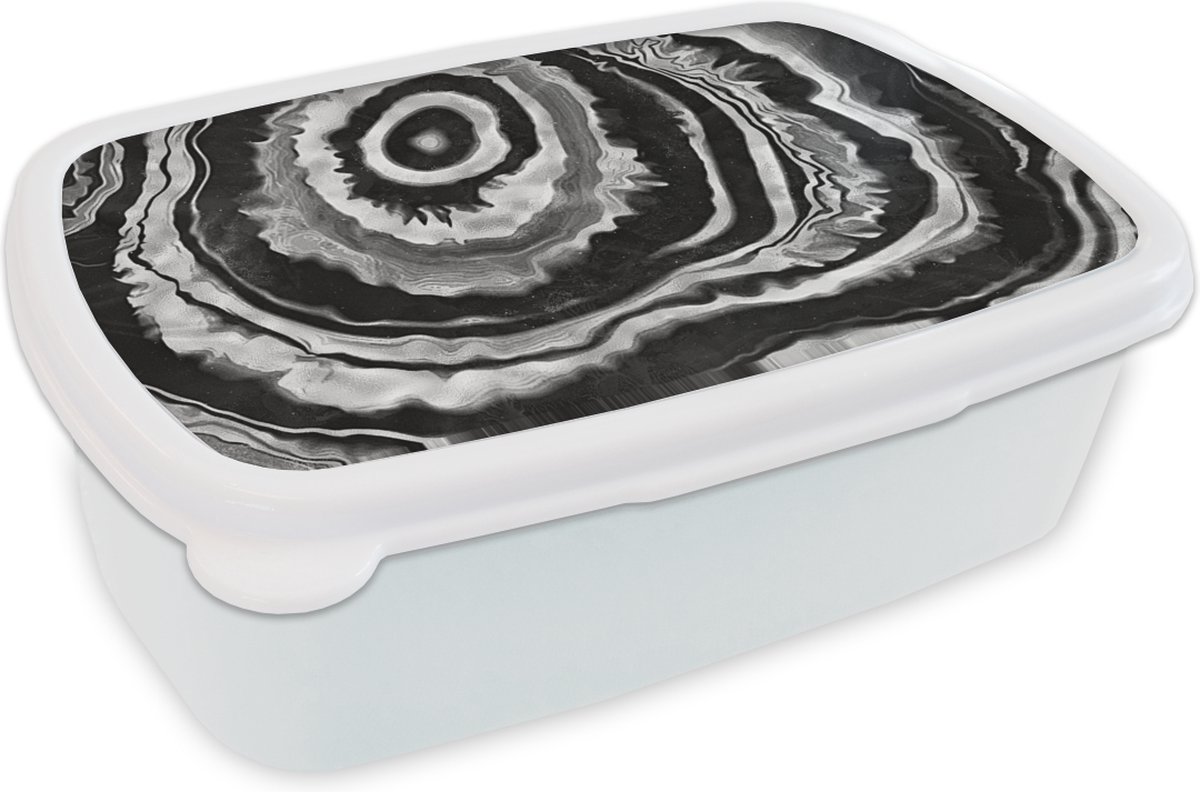 Broodtrommel Wit - Lunchbox - Brooddoos - Marmer - Zwart - Cirkel - 18x12x6 cm - Volwassenen