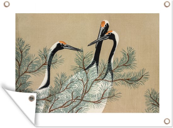 Tuinschilderij Kraanvogel - Bladeren - Japans - Vintage - 80x60 cm - Tuinposter - Tuindoek - Buitenposter