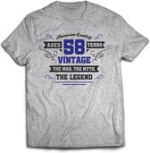 58 Jaar Legend - Feest kado T-Shirt Heren / Dames - Antraciet Grijs / Donker Blauw - Perfect Verjaardag Cadeau Shirt - grappige Spreuken, Zinnen en Teksten. Maat S