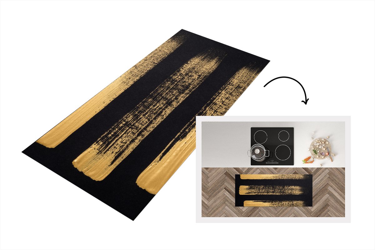 KitchenYeah Keukenloper - Loper keuken - Patroon van gouden verf op een zwarte achtergrond - 120x50 cm - Keukenloper vinyl Multicolor