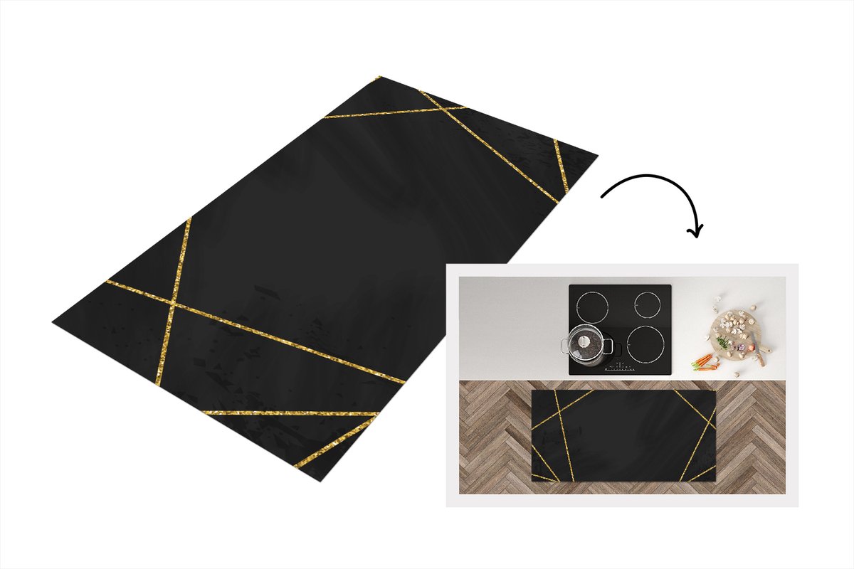 KitchenYeah Keukenloper - Loper keuken - Geometrisch patroon van gouden lijnen op een zwarte achtergrond - 120x60 cm - Keukenloper vinyl Multicolor