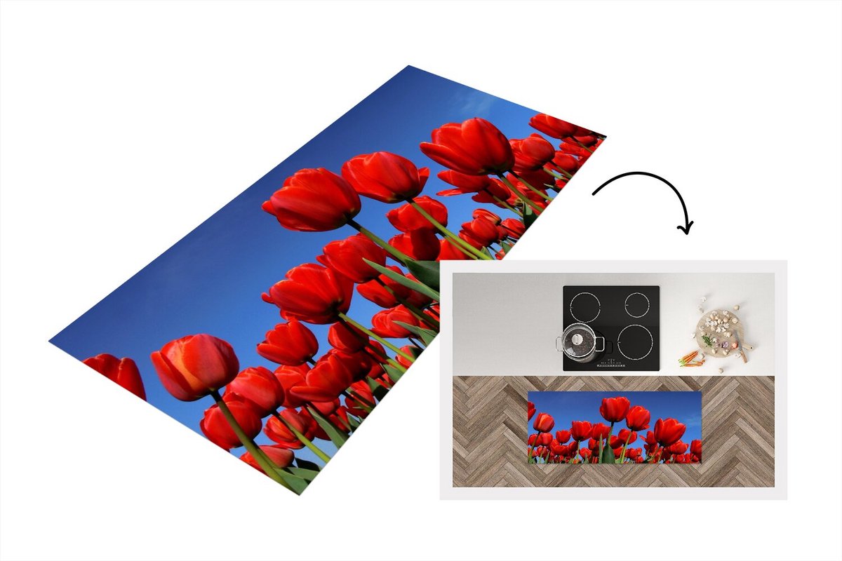 KitchenYeah Keukenloper - Loper keuken - De zon schijnt over de rode tulpen - 120x50 cm - Keukenloper vinyl Multicolor