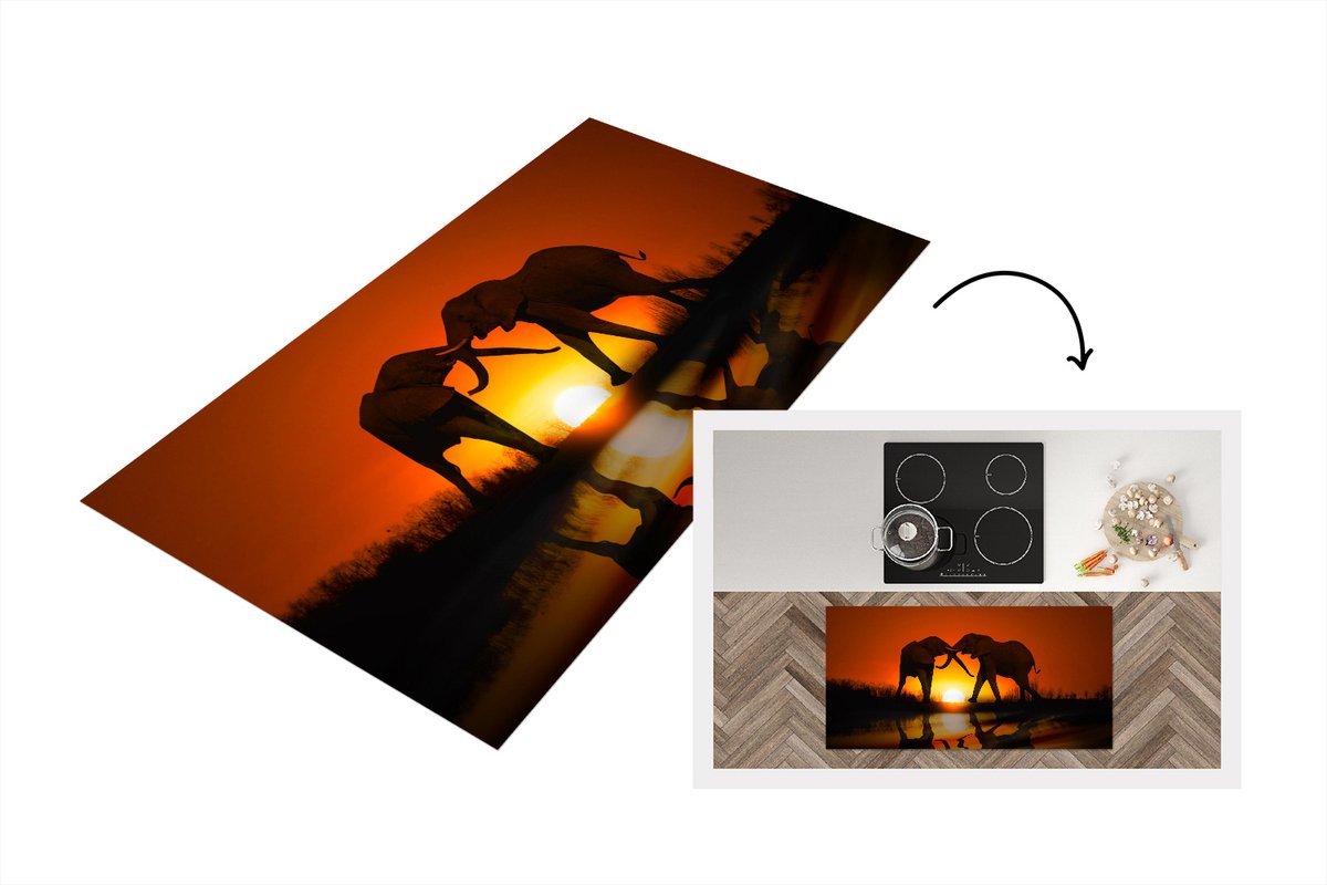 KitchenYeah Keukenloper - Loper keuken - Olifanten koppel bij zonsondergang - 120x60 cm - Keukenloper vinyl Multicolor