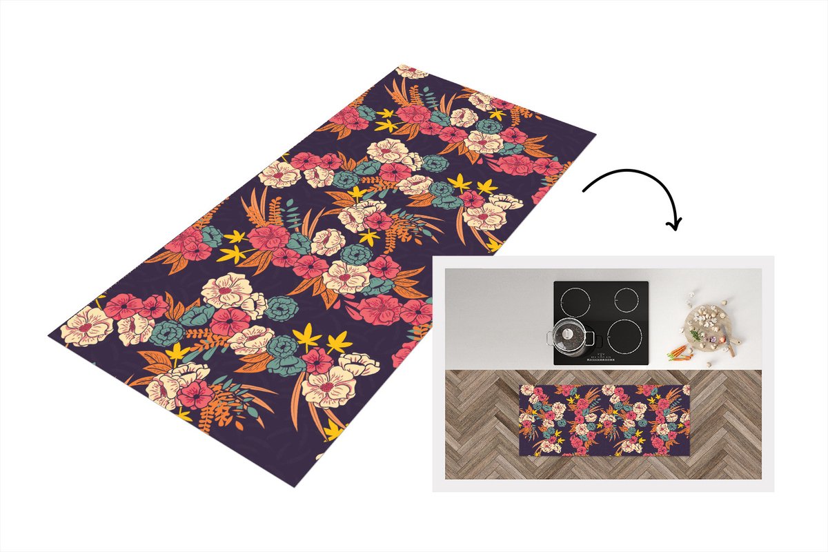 KitchenYeah Keukenloper - Loper keuken - Boeket - Bloemen - Tropisch - Patroon - 120x50 cm - Keukenloper vinyl Multicolor