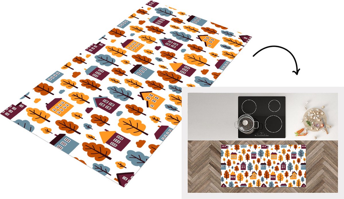 KitchenYeah Keukenloper - Loper keuken - Patronen - Huis - Bomen - 120x60 cm - Keukenloper vinyl Multicolor