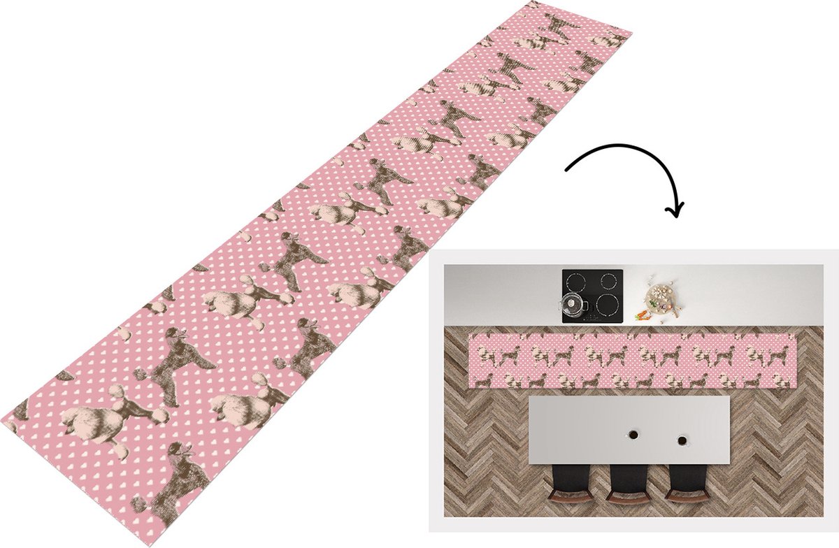 KitchenYeah Keukenloper - Loper keuken - Hart - Poedel - Patroon - 300x50 cm - Keukenloper vinyl Multicolor