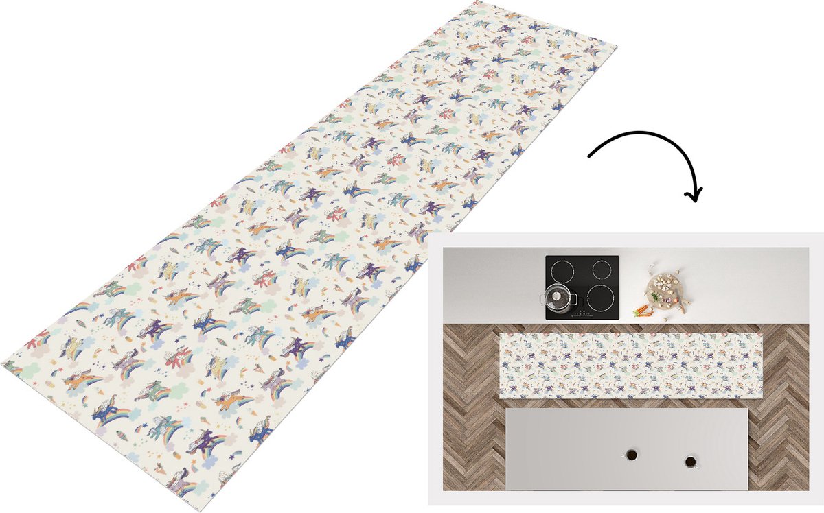 KitchenYeah Keukenloper - Loper keuken - Unicorn - Regenboog - Patronen - 200x50 cm - Keukenloper vinyl Multicolor