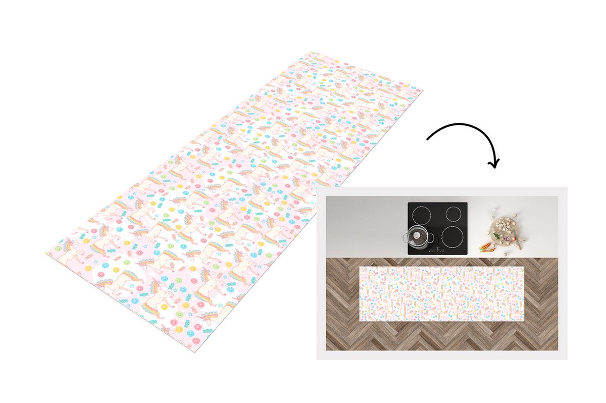 KitchenYeah Keukenloper - Loper keuken - Unicorn - Snoep - Regenboog - 150x50 cm - Keukenloper vinyl Multicolor