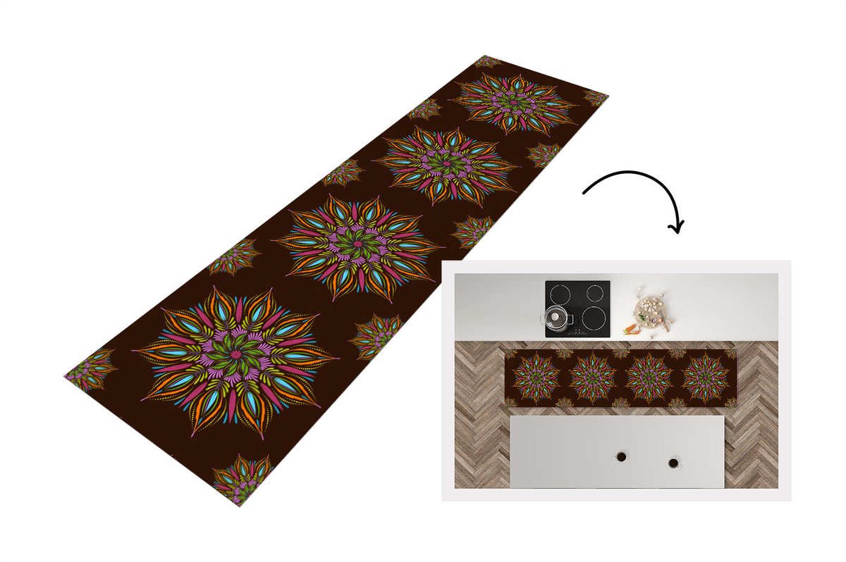 KitchenYeah Keukenloper - Loper keuken - Mandala - Design - Bohemian - 240x60 cm - Keukenloper vinyl Multicolor