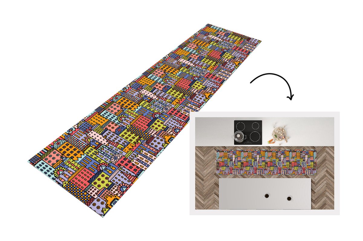 KitchenYeah Keukenloper - Loper keuken - Huis - Regenboog - Patroon - 200x50 cm - Keukenloper vinyl Multicolor
