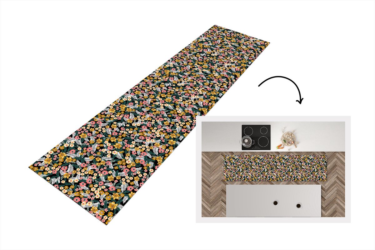 KitchenYeah Keukenloper - Loper keuken - Bloemen - Regenboog - Patronen - 240x60 cm - Keukenloper vinyl Multicolor