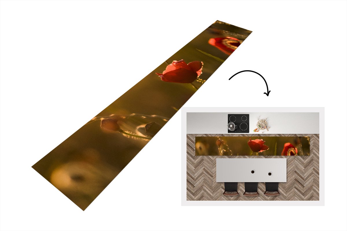 KitchenYeah Keukenloper - Loper keuken - Klaproos - Zonsondergang - Goud - 300x50 cm - Keukenloper vinyl Multicolor