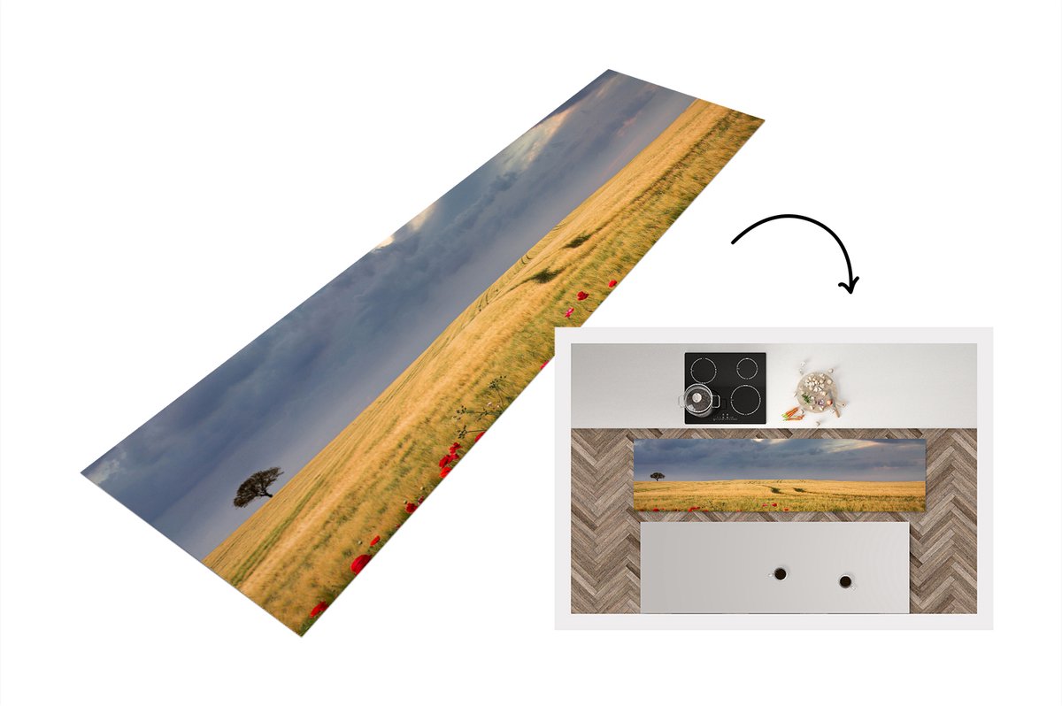 KitchenYeah Keukenloper - Loper keuken - Bloemen - Tarwe - Wolken - 200x50 cm - Keukenloper vinyl Multicolor