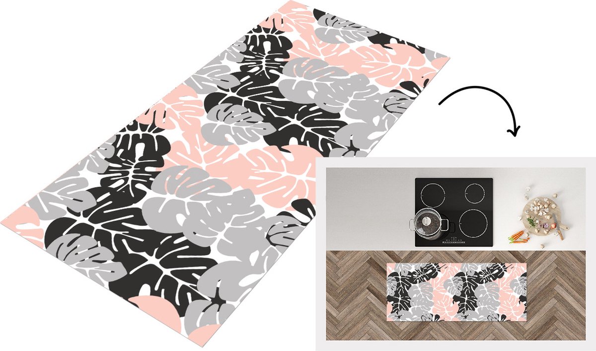 KitchenYeah Keukenloper - Loper keuken - Monstera - Pastel - Patronen - Bladeren - 120x50 cm - Keukenloper vinyl Multicolor