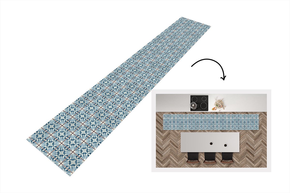 KitchenYeah Keukenloper - Loper keuken - Blauw - Patronen - Tegels - 300x50 cm - Keukenloper vinyl Multicolor