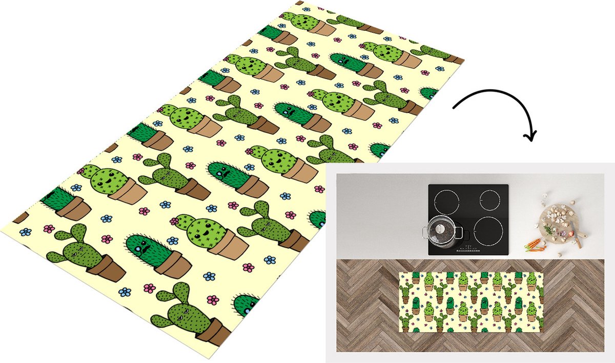 KitchenYeah Keukenloper - Loper keuken - Patronen - Cactus - Bloemen - 120x50 cm - Keukenloper vinyl Multicolor