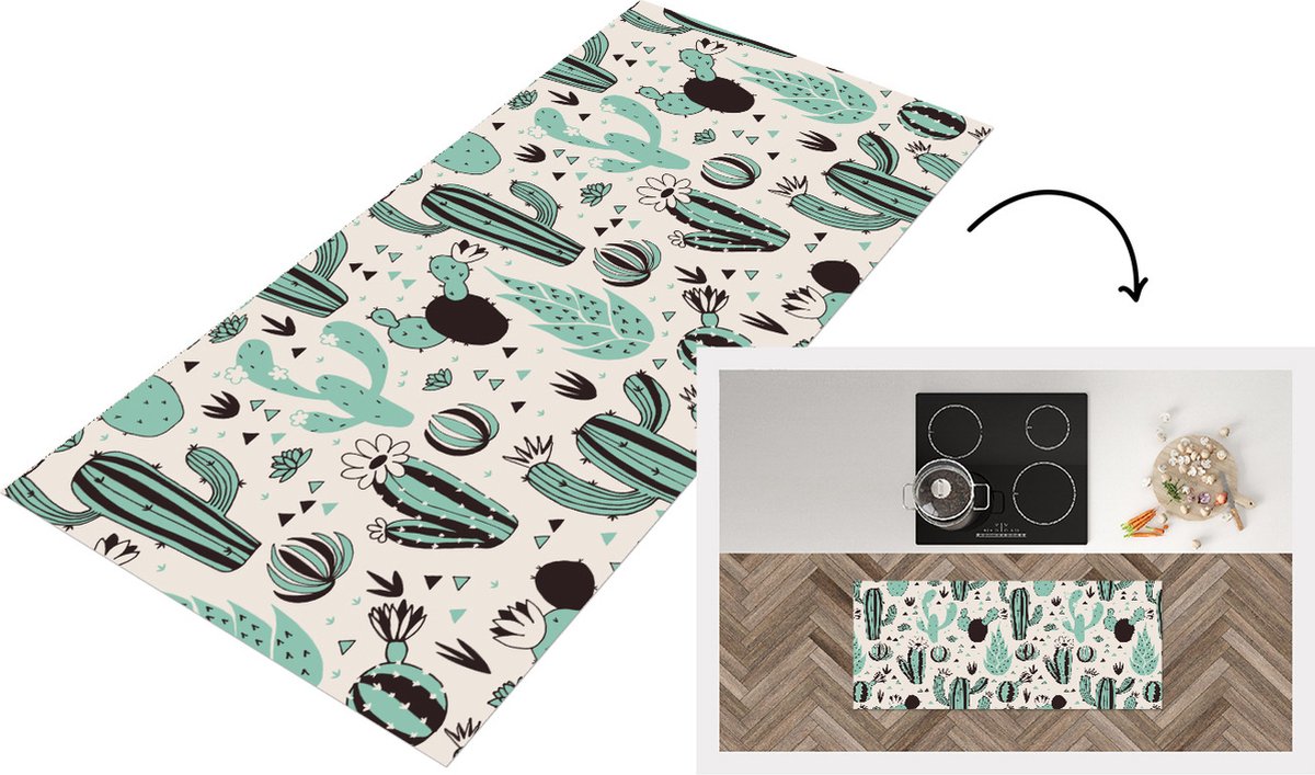 KitchenYeah Keukenloper - Loper keuken - Cactus - Patroon - Bloemen - 120x50 cm - Keukenloper vinyl Multicolor