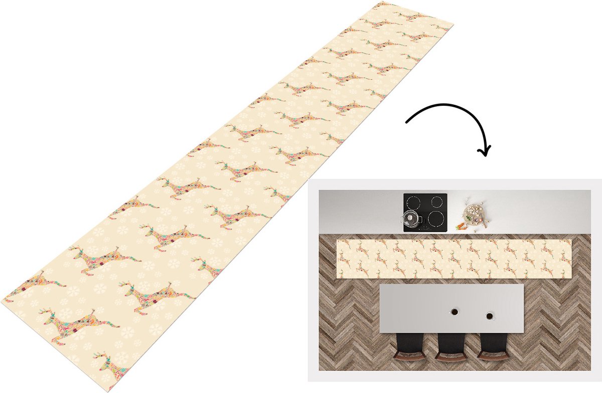 KitchenYeah Keukenloper - Loper keuken - Regenboog - Rendier - Kerst cadeau - Patronen - Christmas - 300x50 cm - Keukenloper vinyl Multicolor